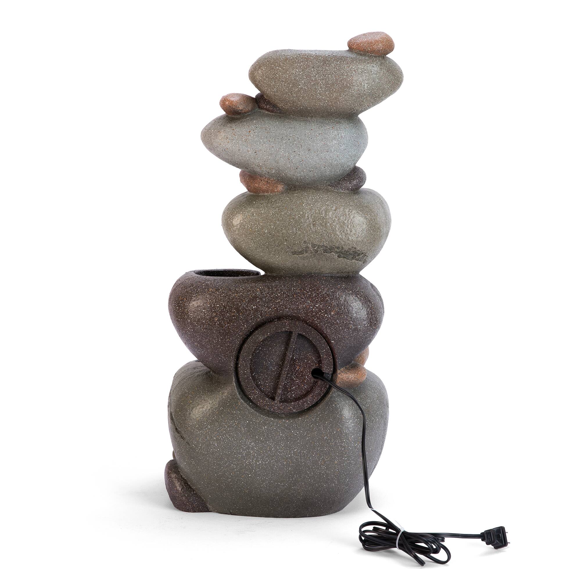 Glitzhome® 24.5" Zen-Style LED 5-Tier Stacked Pebbles Polyresin Outdoor Fountain